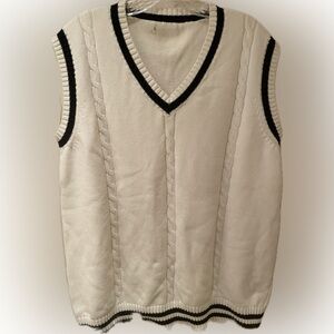 White Cable Knit V-Neck Sweater Vest with navy Trim